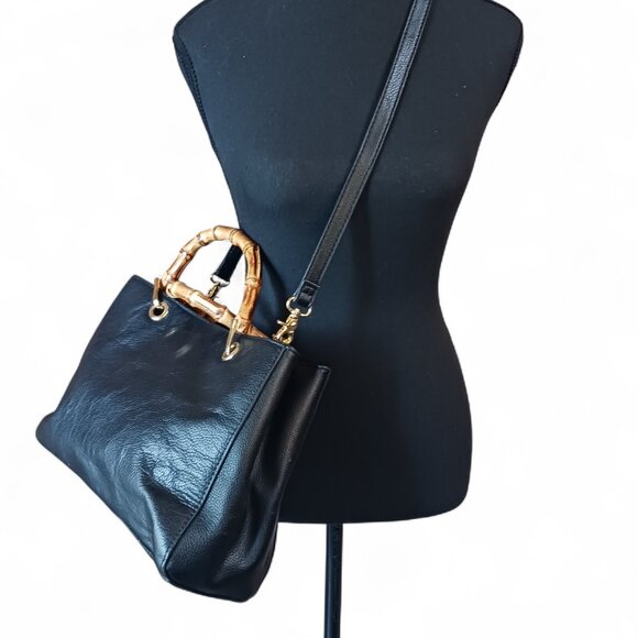 Emma Fox Black Pebbled Leather Handbag Bamboo Handles Removable Crossbody Strap - Picture 7 of 13